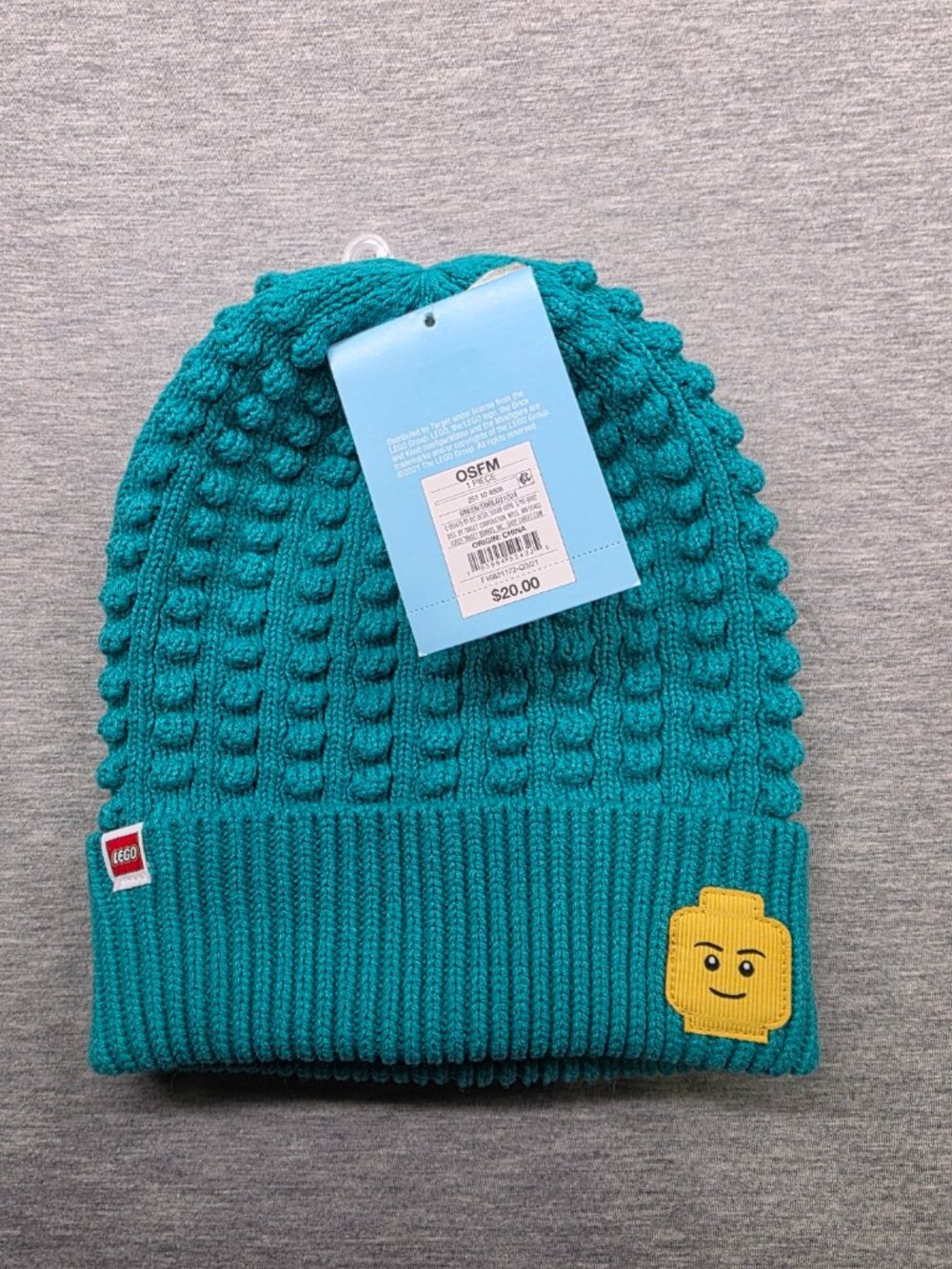 NWT LEGO Teal Waffle Knit Beanie Hat Minifigure Patch Adult OSFM